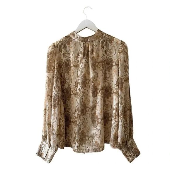 Joie PAISLEY PRINTED RETRO BLOUSE Linen IN BROWN Cream SZ L #1955 - Picture 6 of 11